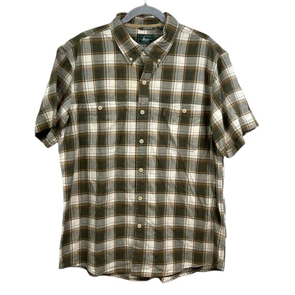 G.H. Bass Mens Plaid Shirt Button‎ Down Short Sleeves Pockets Beige Green Sz XL - Picture 1 of 5